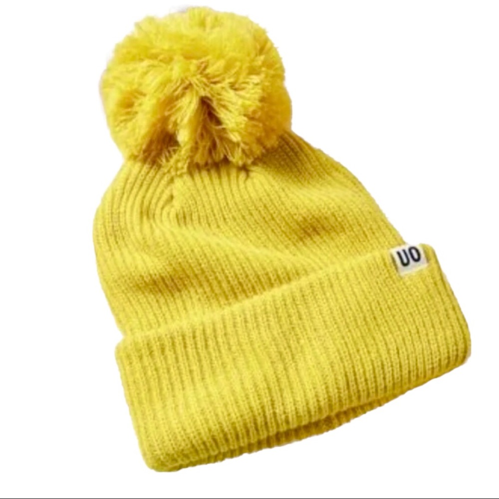 Urban Outfitters Chunky Ribbed Pompom Beanie UO Logo Knit Hat Chartreuse OS NEW